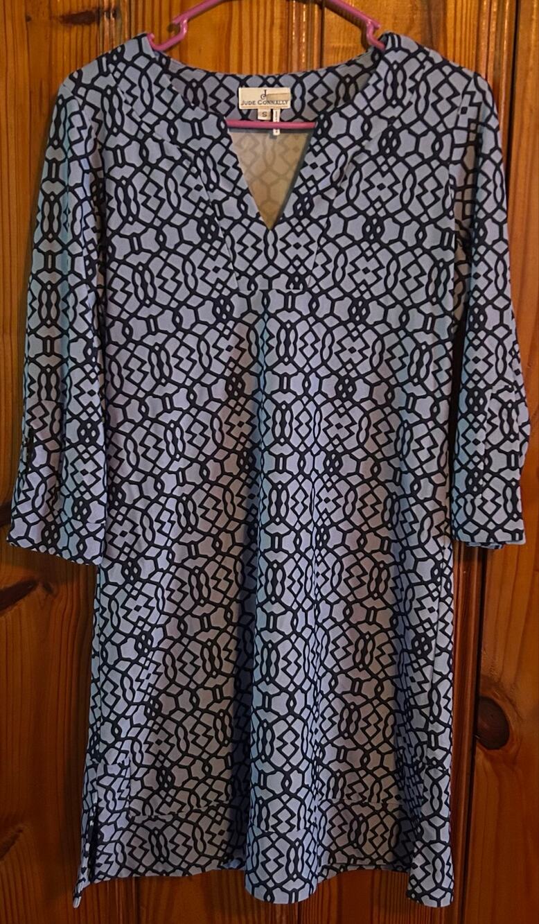 Jude Connally Megan Dress Mini Geometric Print Navy Coastal Resort wear small